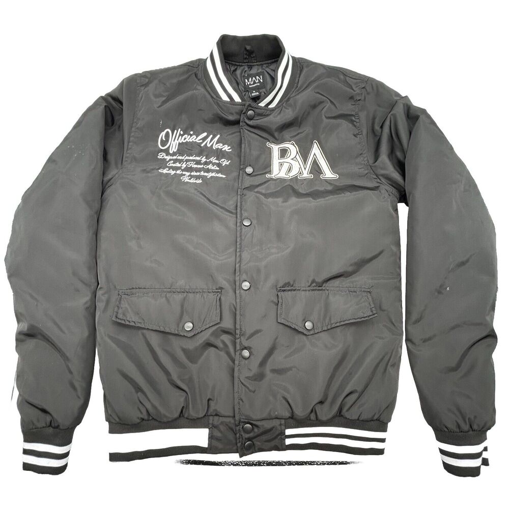 Boohoo Man Tall Nylon Varsity Jacket with Badges Size XL‎ Black